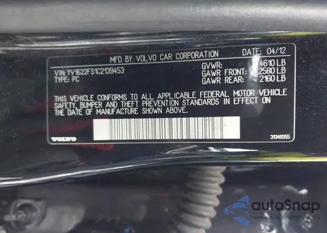 2012 Volvo S60 T5 z USA, uszkodzony, nr VIN YV1622FS1C2139453